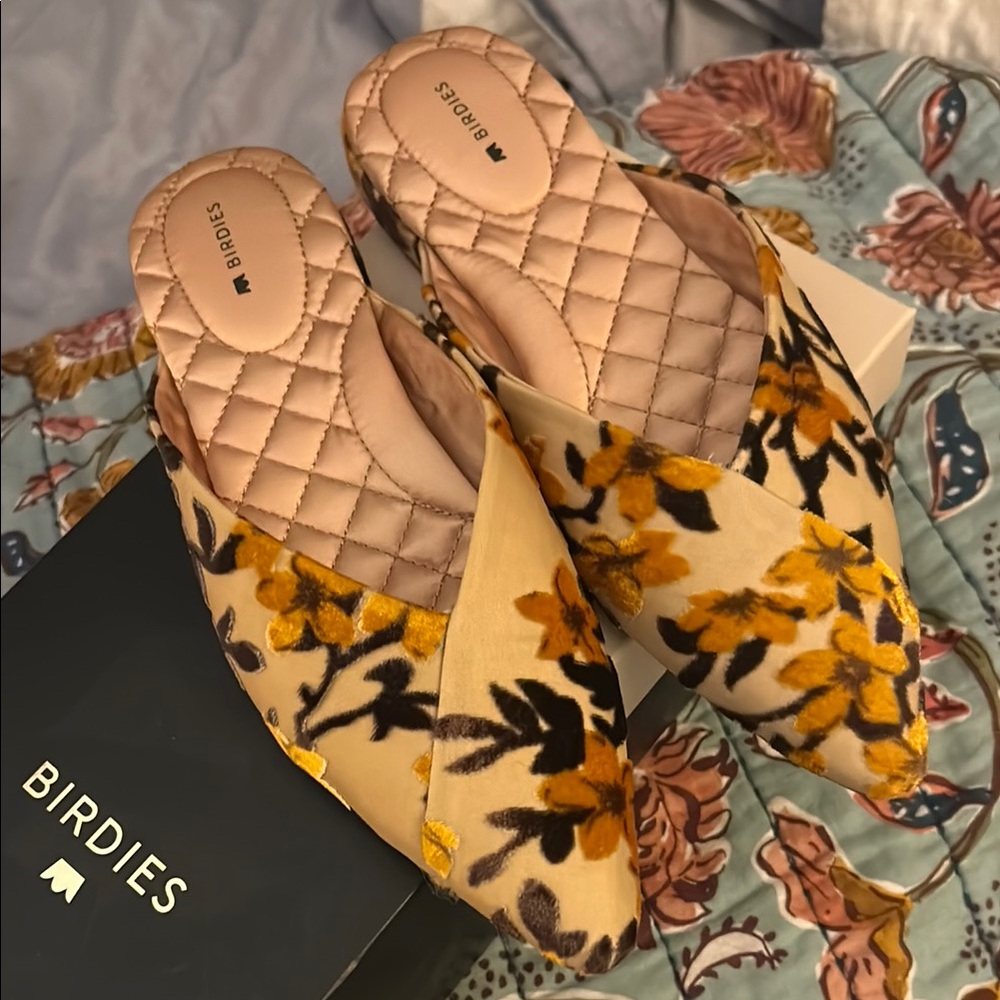 Birdies Yellow and Black Mules with Quilted Insole